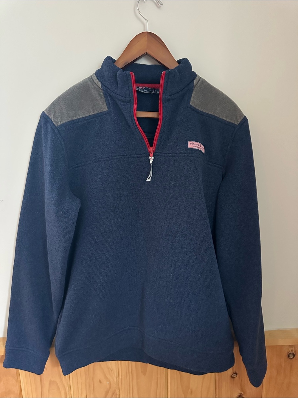Vineyard Vines Navy Quarter-Zip Pullover with Gray Shoulder Panels and Red Trim